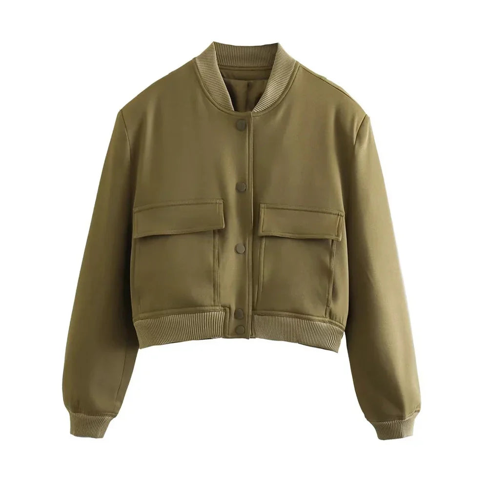 Women's vintage bomber jacket with pockets, relaxed modern fit, everyday casual style in neutral tones