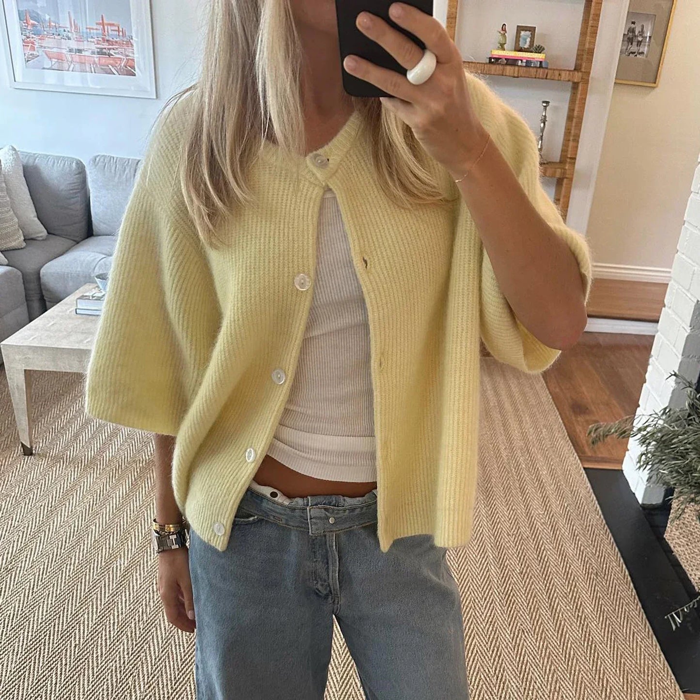 Women's retro streetwear button-closure cardigan, solid color crew neck cotton knit layer