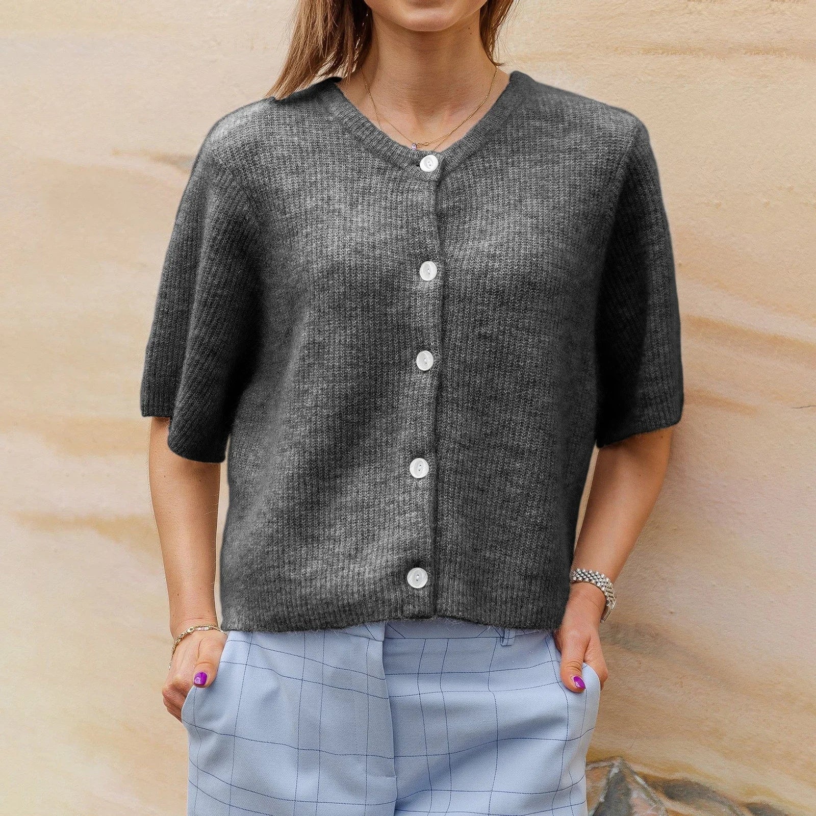 Women's retro streetwear button closure cardigan in solid color, versatile crew neck cotton layer