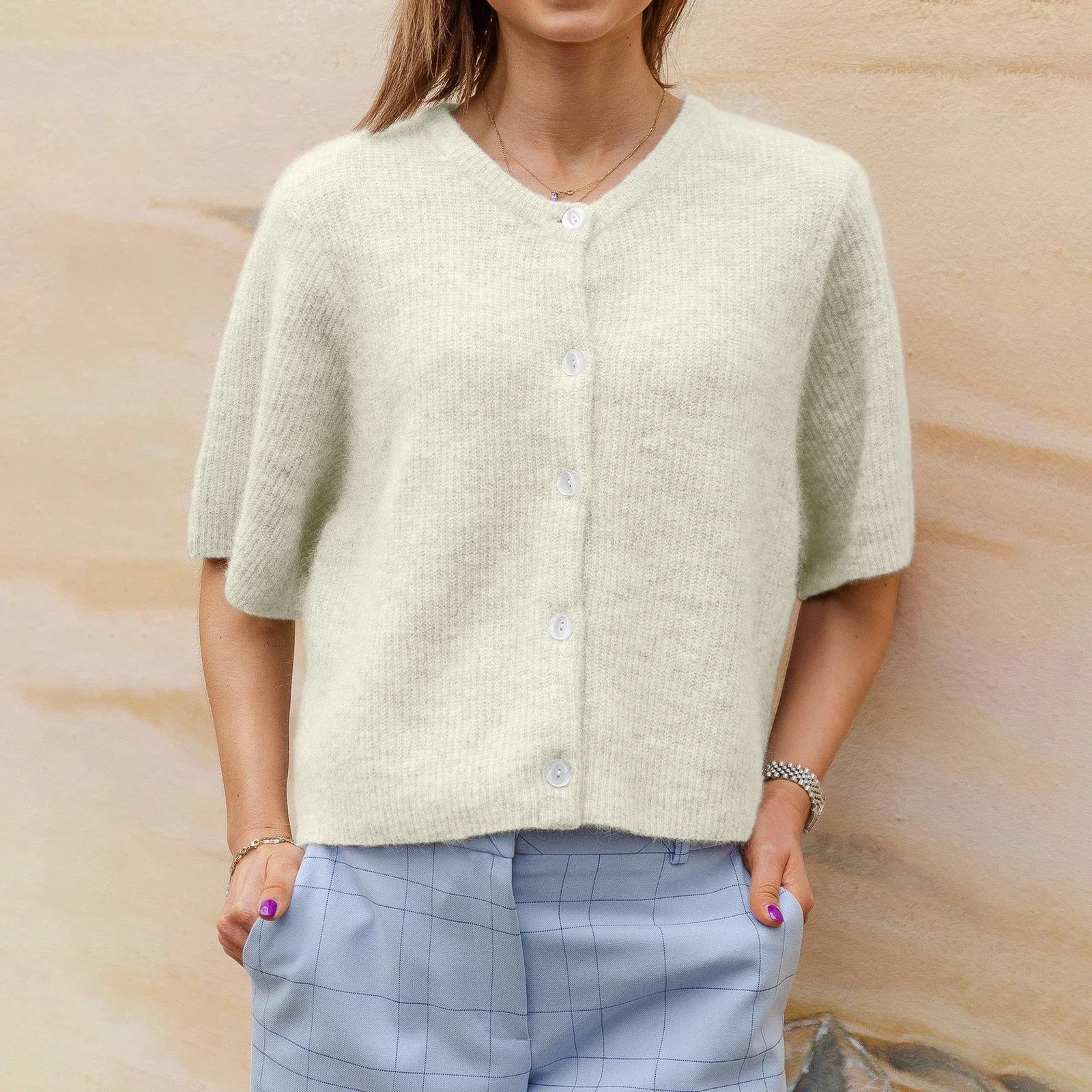 Women's retro streetwear cardigan with button closure, solid color crew neck, versatile cotton knit