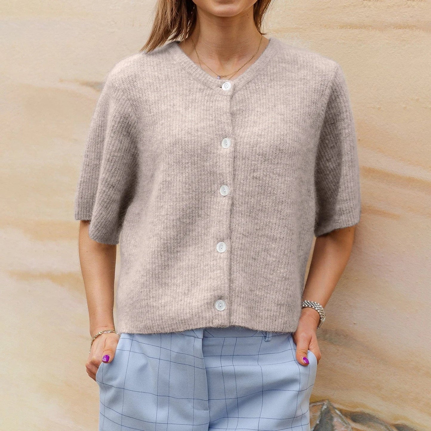 Women's retro streetwear cardigan with button closure, breathable cotton, versatile solid color crew neck