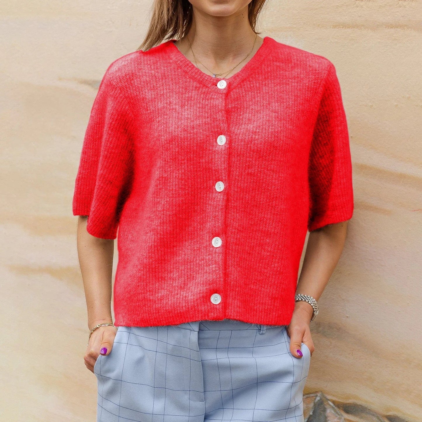 Women's retro streetwear cardigan with button closure, breathable cotton, crew neckline, solid color