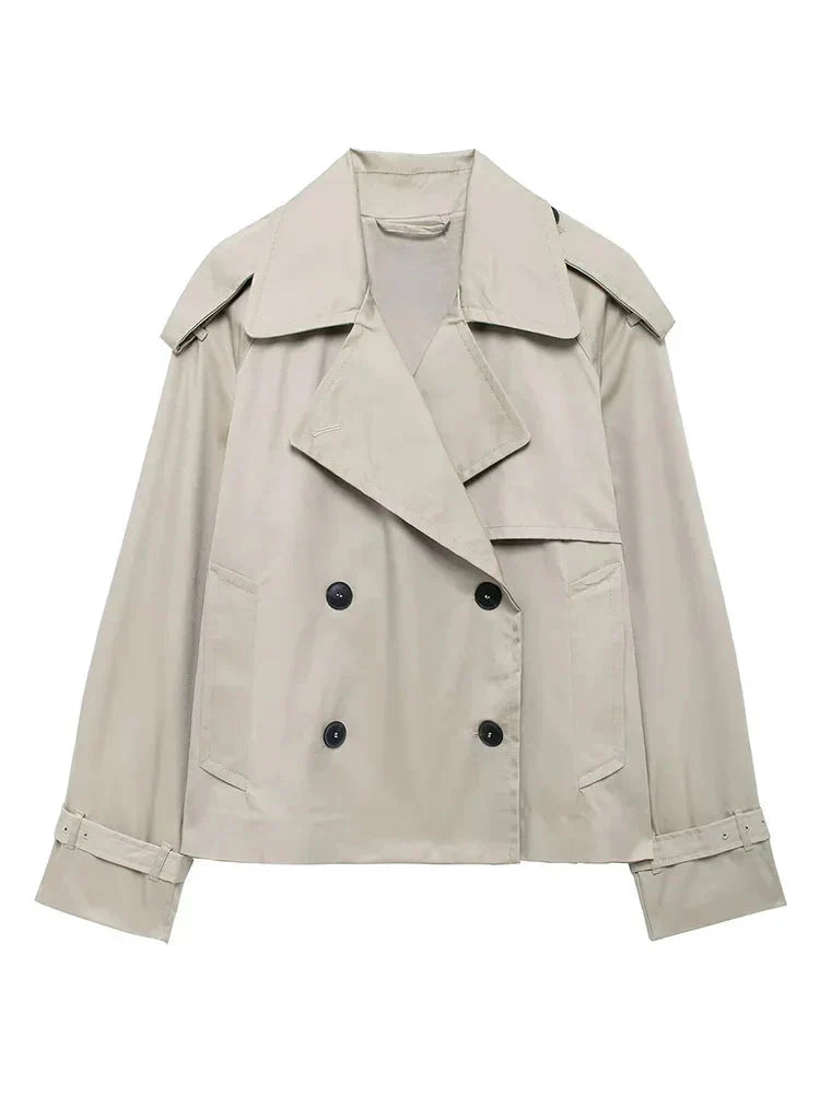 Women's cropped trench coat double-breasted classic style autumn chic outerwear versatile silhouette