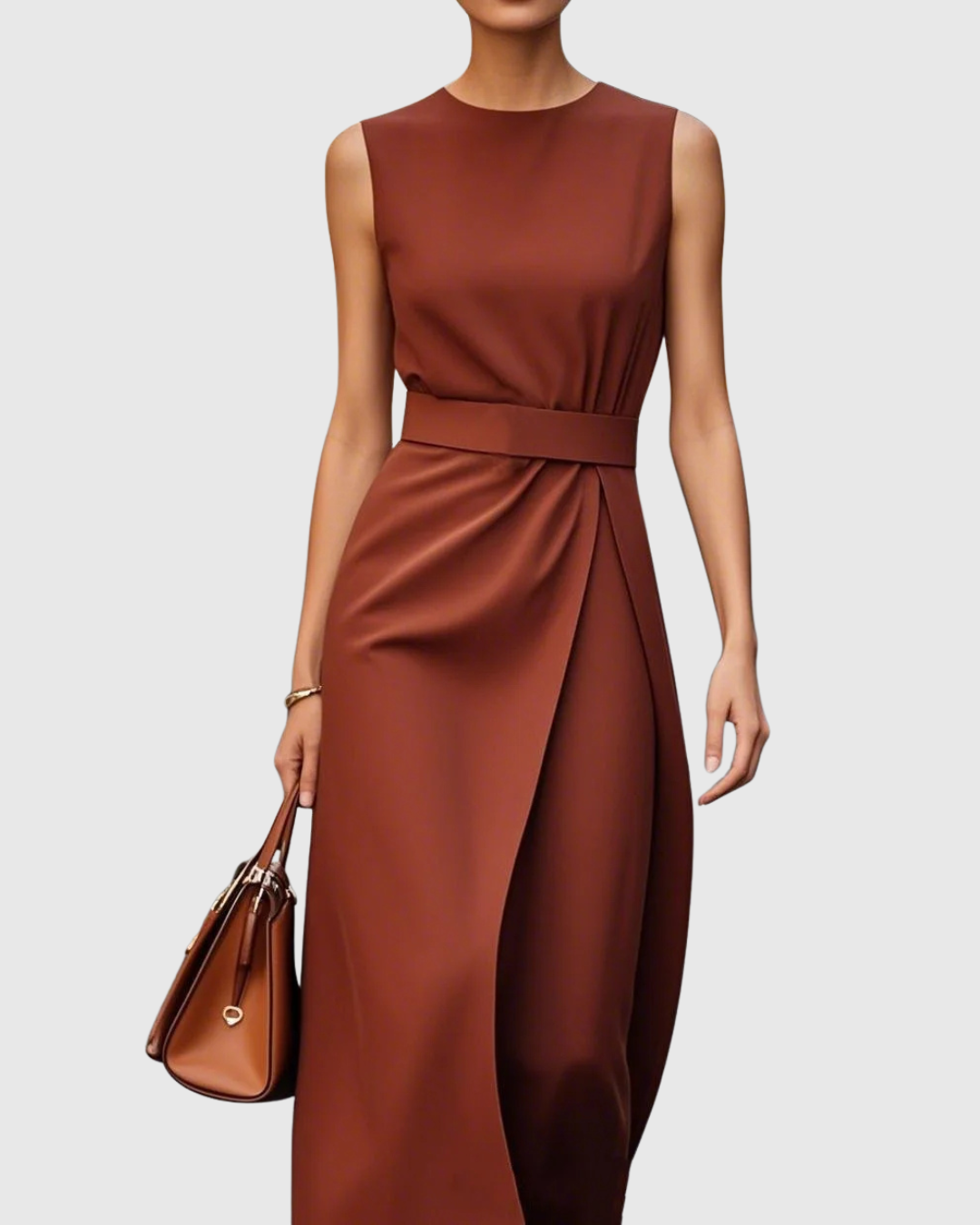 Women's sleeveless maxi dress with draped front overlay, defined waist, and elegant crew neck silhouette