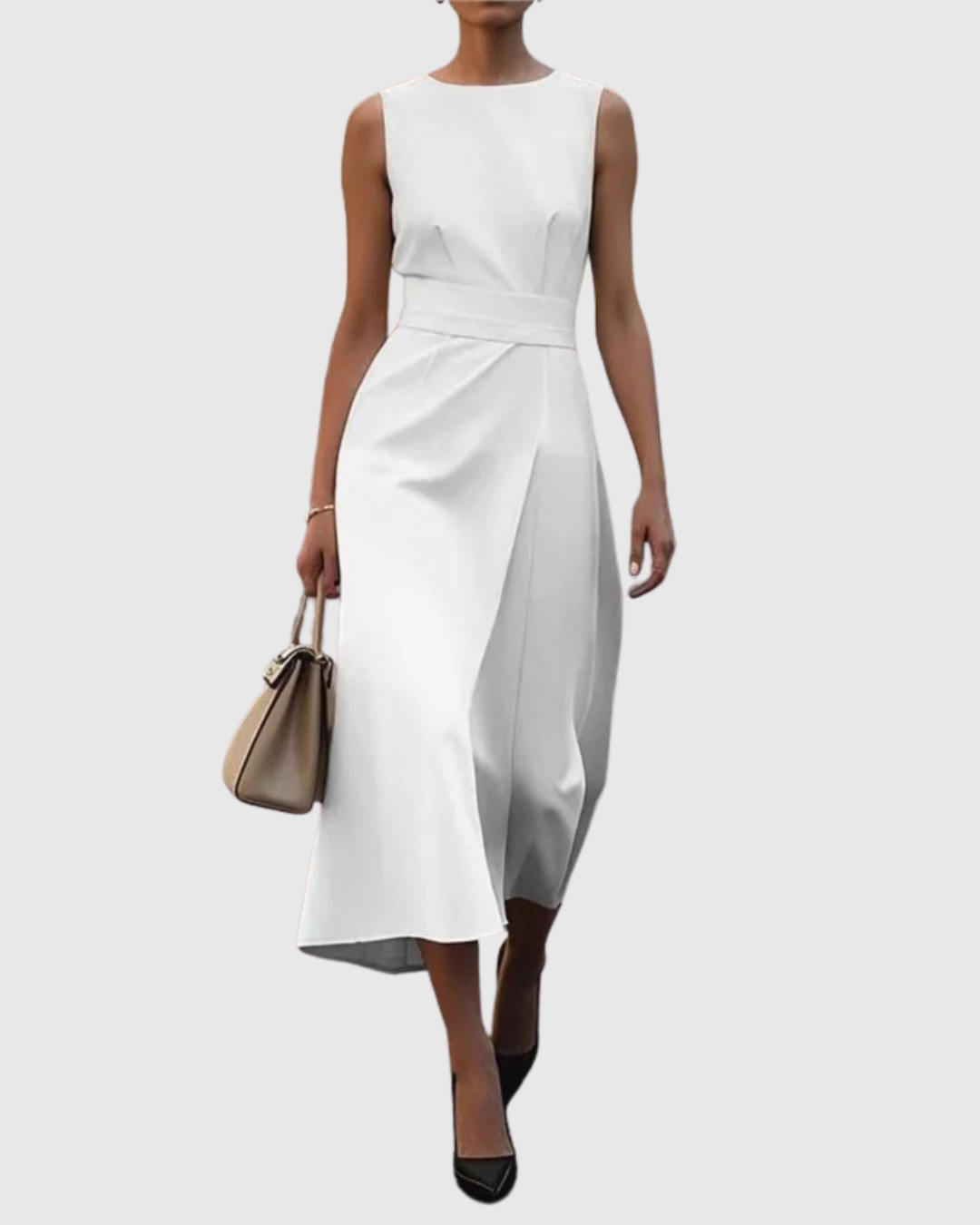 Women's sleeveless maxi dress with draped front overlay, defined waist, and elegant crew neck silhouette