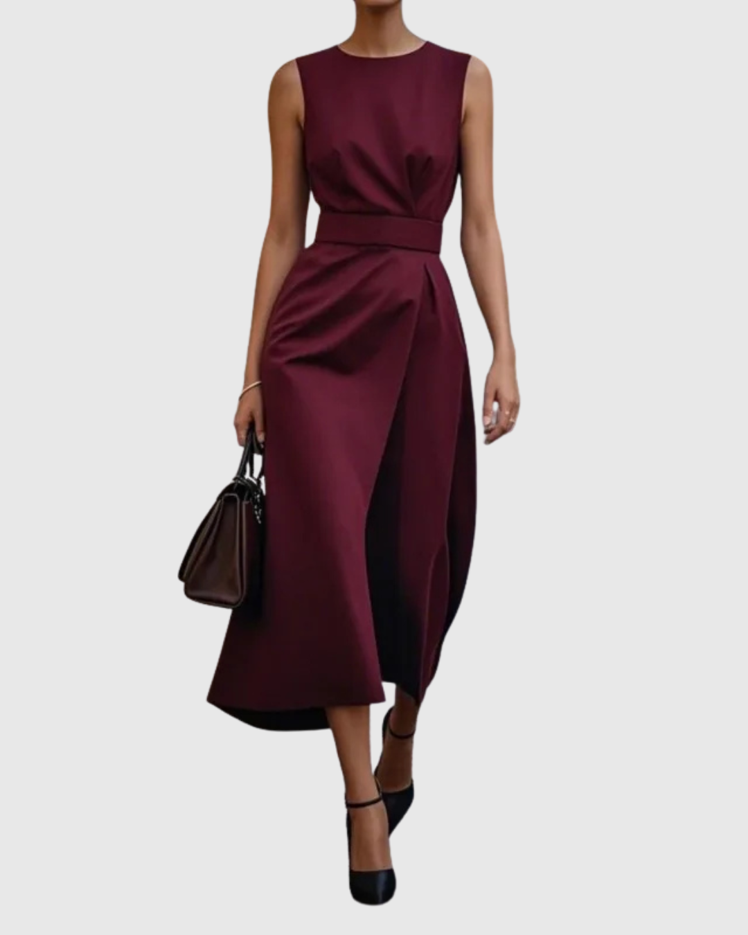 Women's sleeveless maxi dress with draped front overlay, defined waist, and elegant crew neck