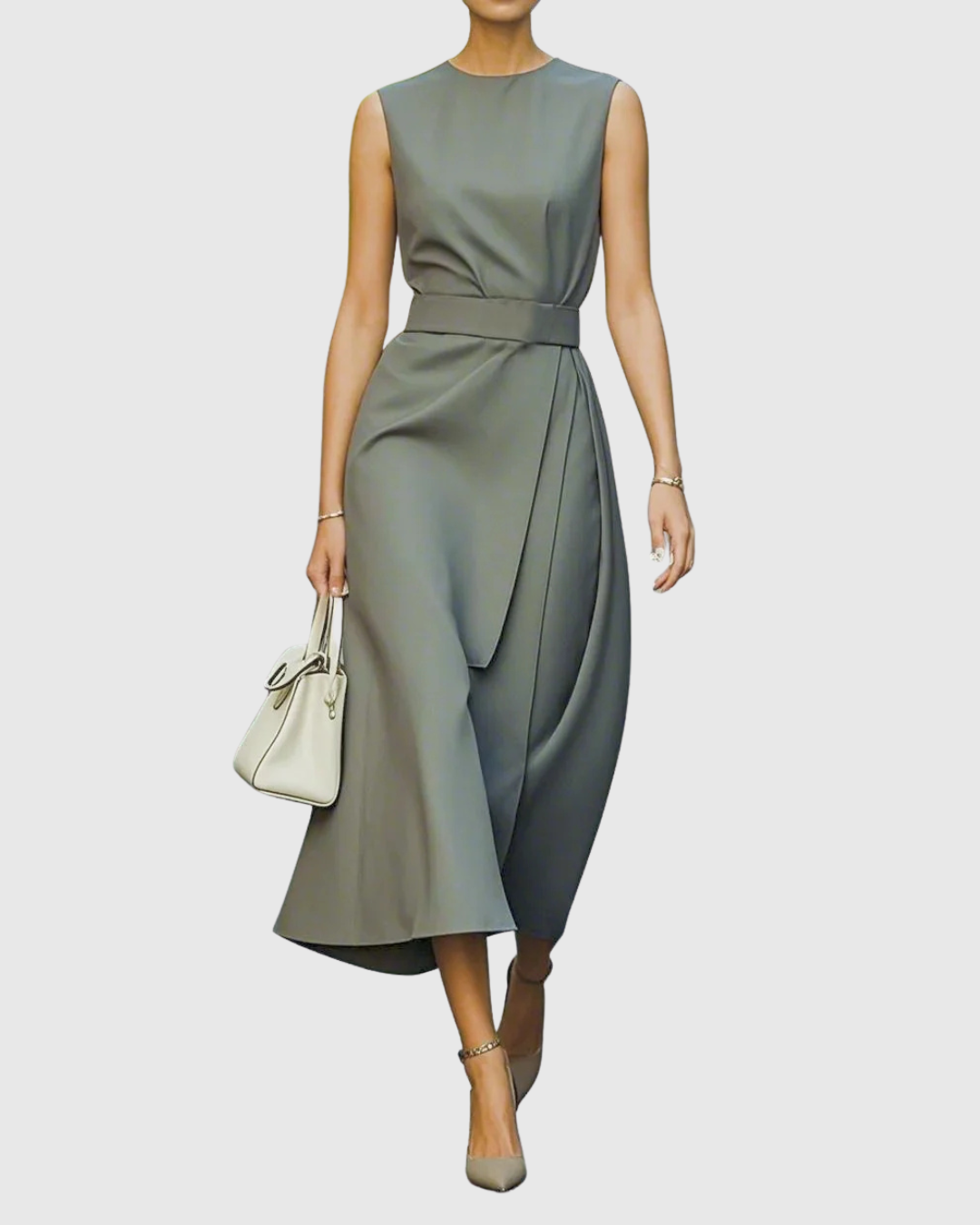 Women's sleeveless maxi dress with draped front overlay, defined waist, elegant crew neck, timeless silhouette