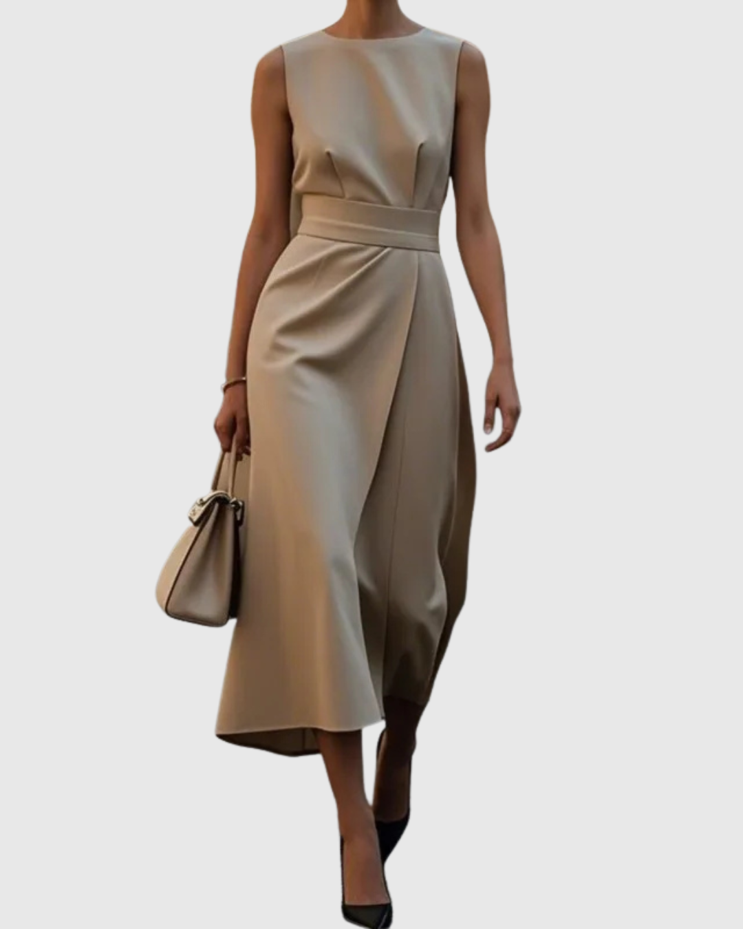 Women's sleeveless maxi dress with draped front overlay, defined waist, and elegant crew neck