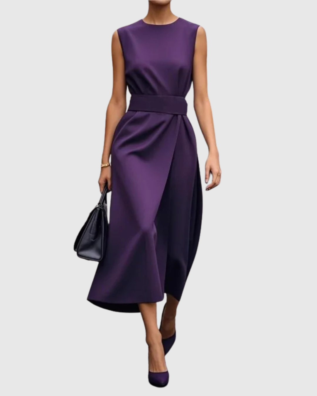 Women's sleeveless maxi dress with draped front overlay, defined waist, and elegant crew neck