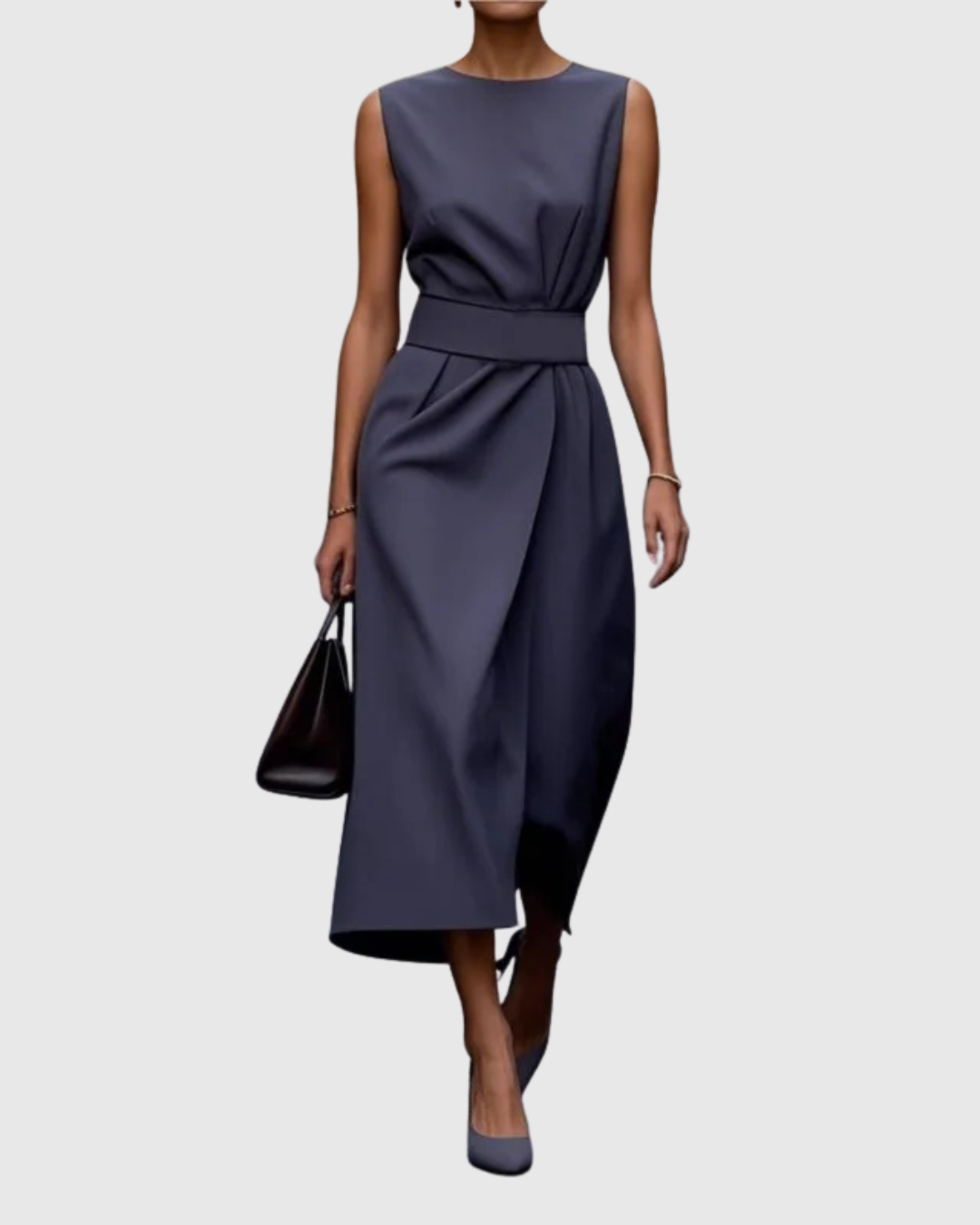 Women's sleeveless maxi dress with draped front overlay, defined waist, and elegant crew neck silhouette