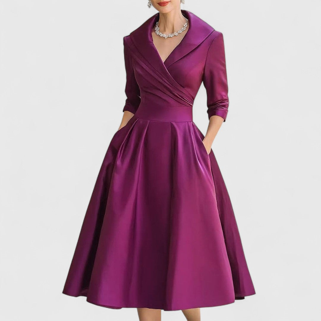 Women's midi wrap dress navy blue flared skirt formal elegant silhouette with hidden pockets