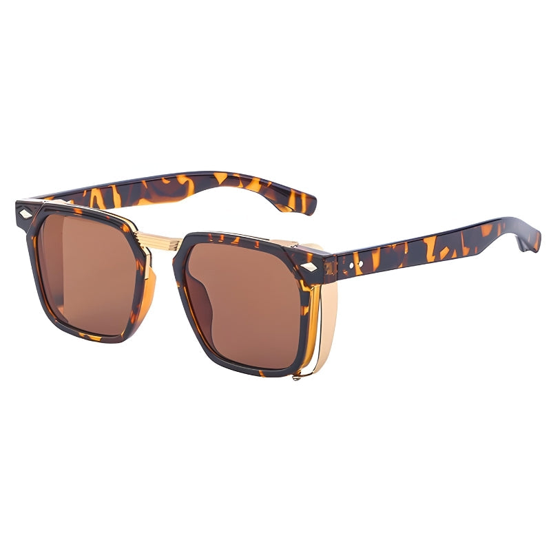 Geometric sunglasses UV400 protection bold angular frame golden metallic accents fashion-forward style