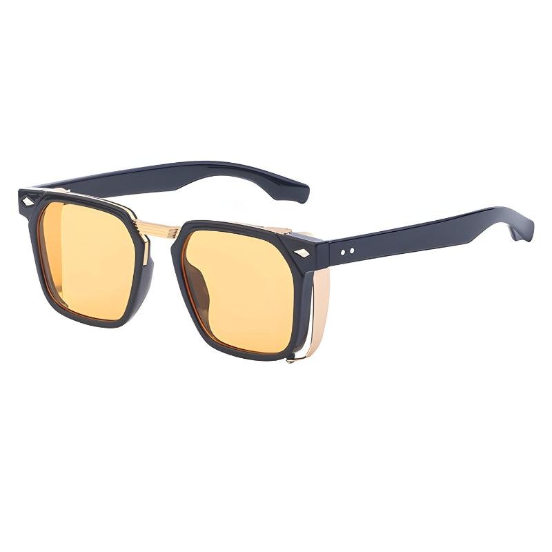 Geometric UV400 sunglasses with angular frame, bold golden accents, and fashion-forward silhouette