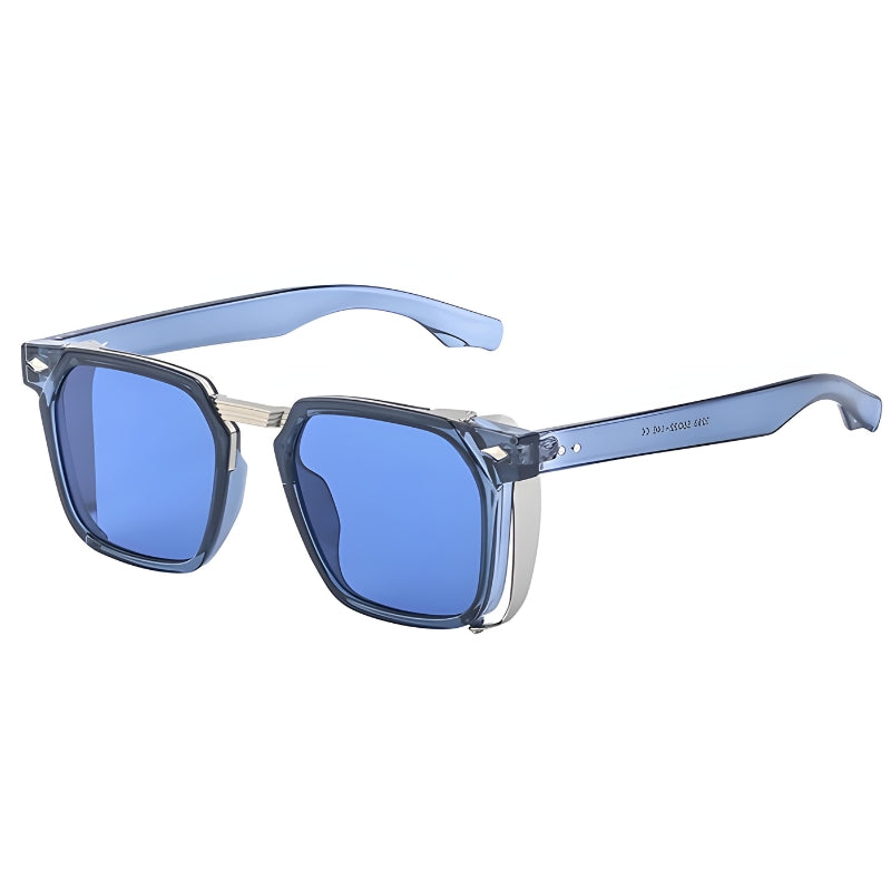 Geometric UV400 sunglasses with angular frame, bold golden accents, and sleek fashion-forward silhouette