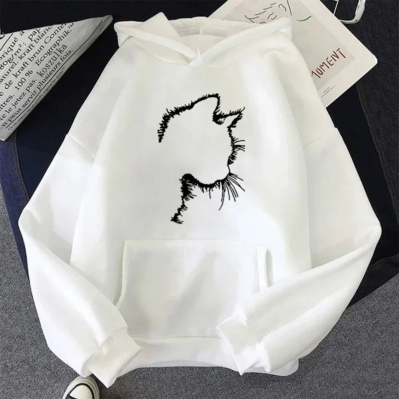 Women's cat motif hoodie cozy relaxed fit playful graphic pullover for everyday casual wear