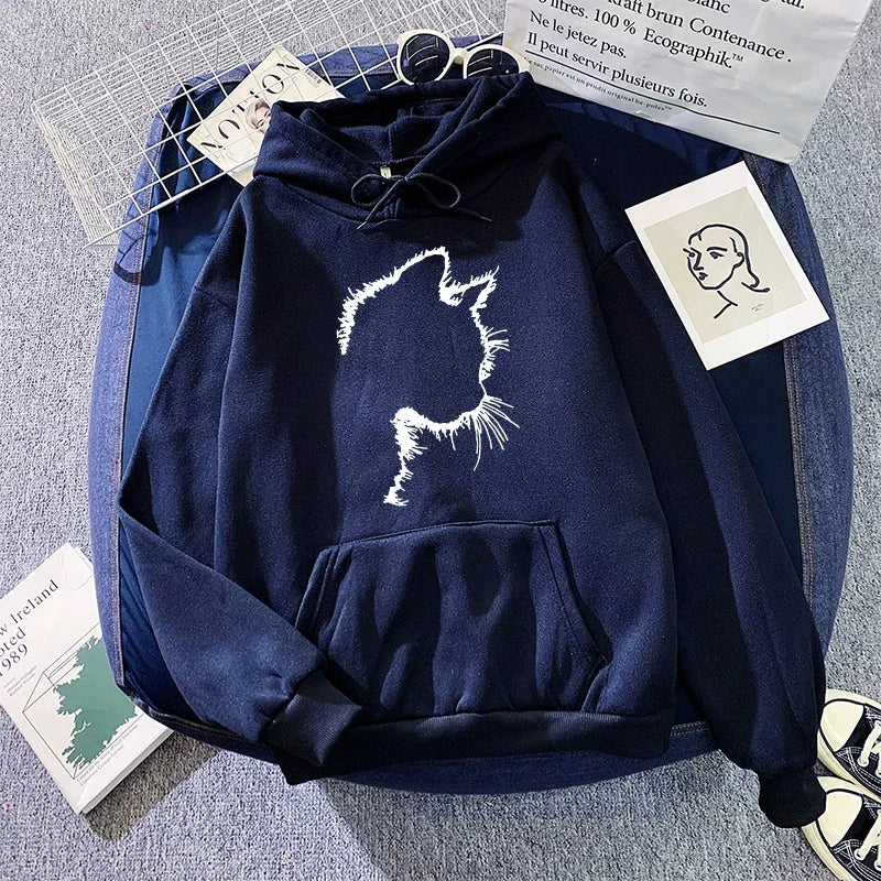 Women's cat motif hoodie cozy relaxed fit playful graphic pullover for everyday casual wear