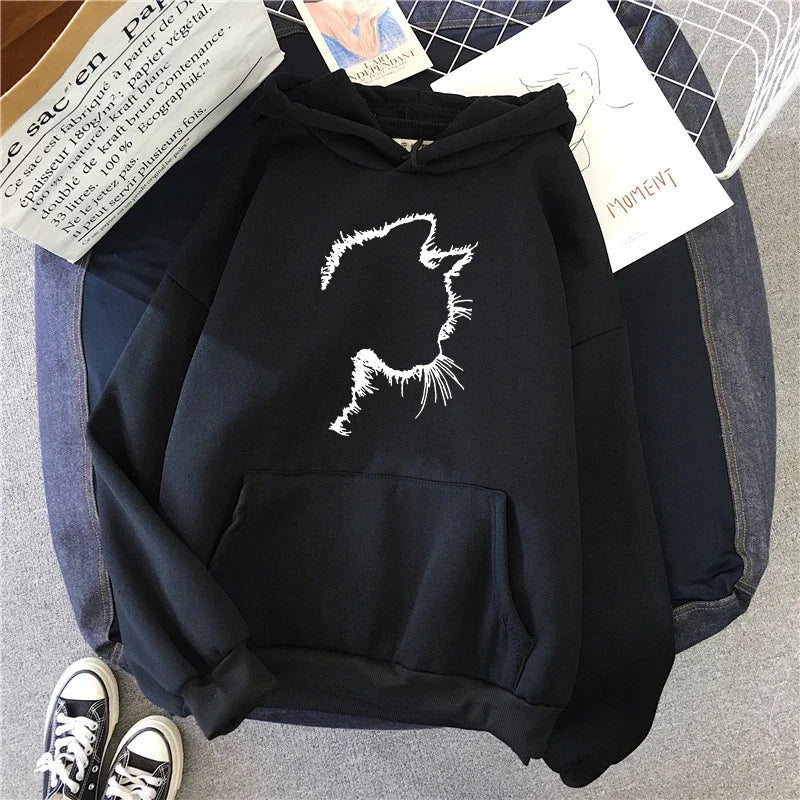 Women's cat motif hoodie cozy relaxed fit playful graphic design for everyday casual wear