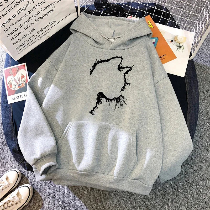 Women's cat motif hoodie cozy relaxed fit pullover with playful graphic print for everyday wear