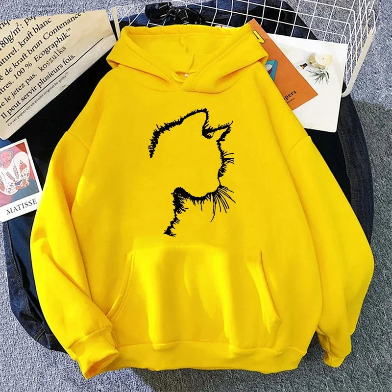 Women's cat motif hoodie cozy relaxed fit playful graphic pullover for everyday casual wear
