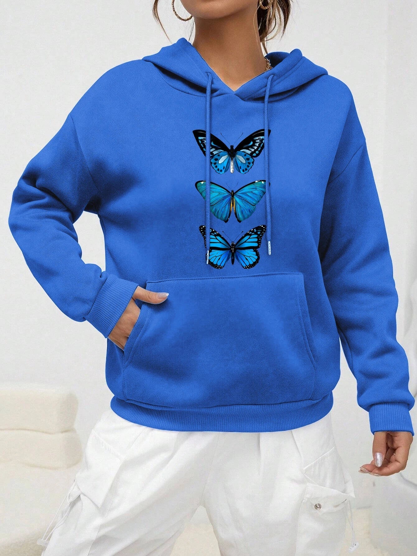 Women's cozy fleece hoodie with butterfly print, casual everyday style, soft and warm comfort fit