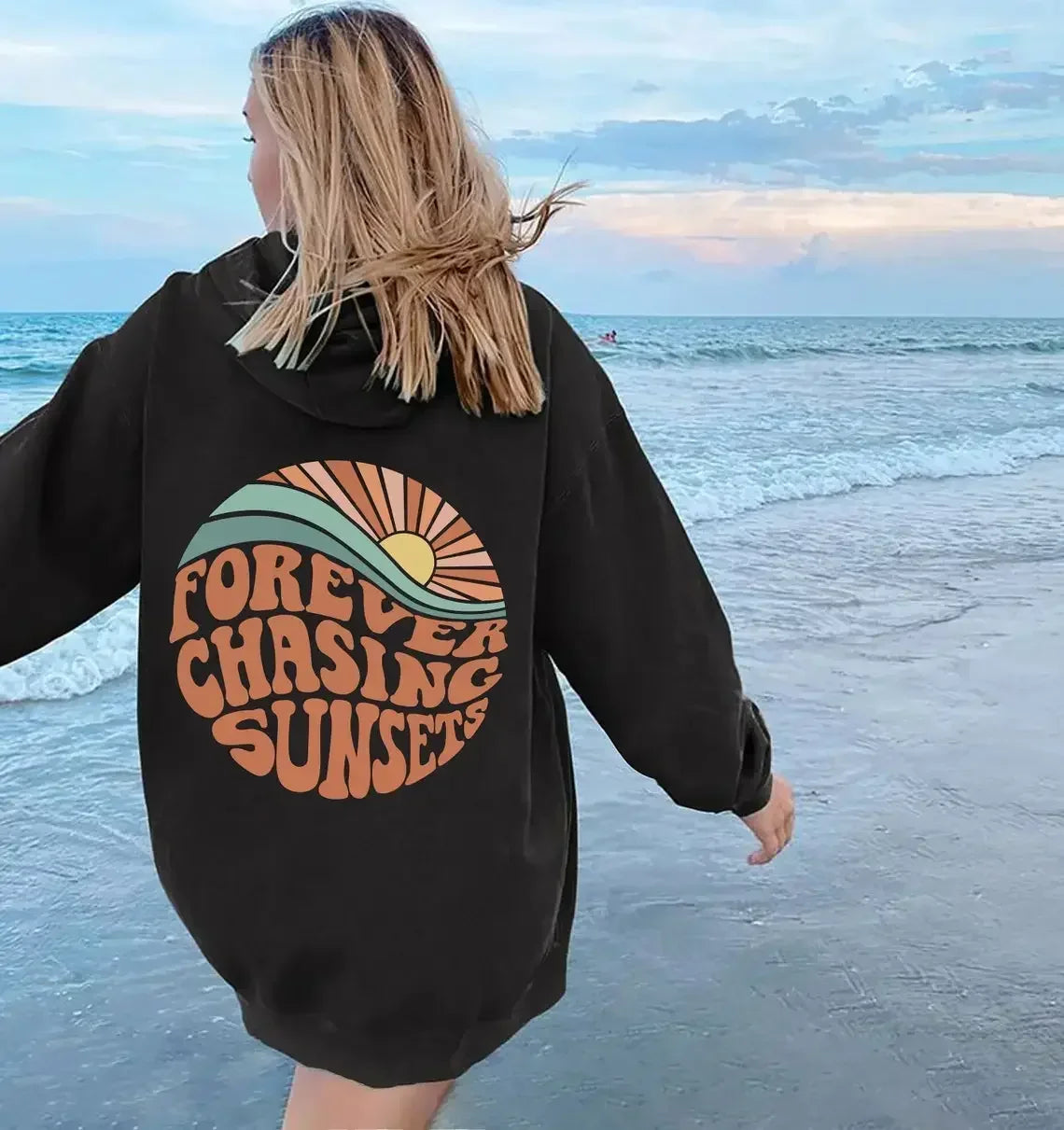 Women's casual fleece hoodie with eye-catching sunset graphic pattern, cozy warm fit for everyday wear