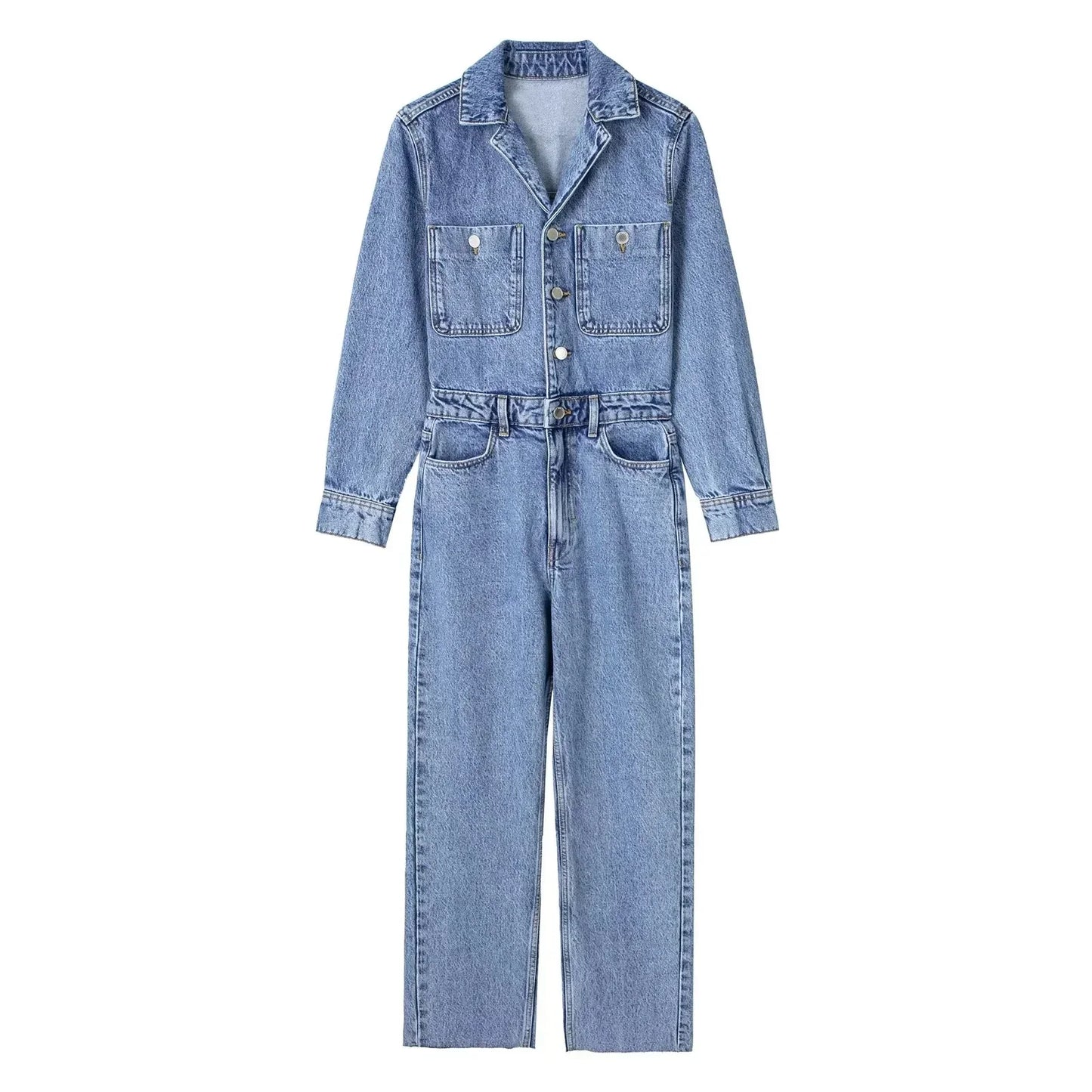 Women's blue denim jumpsuit high waist long sleeves notched neckline comfort fit everyday chic