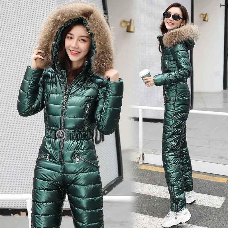 Women's black hooded winter jumpsuit slim fit long sleeve one-piece with full-length zipper