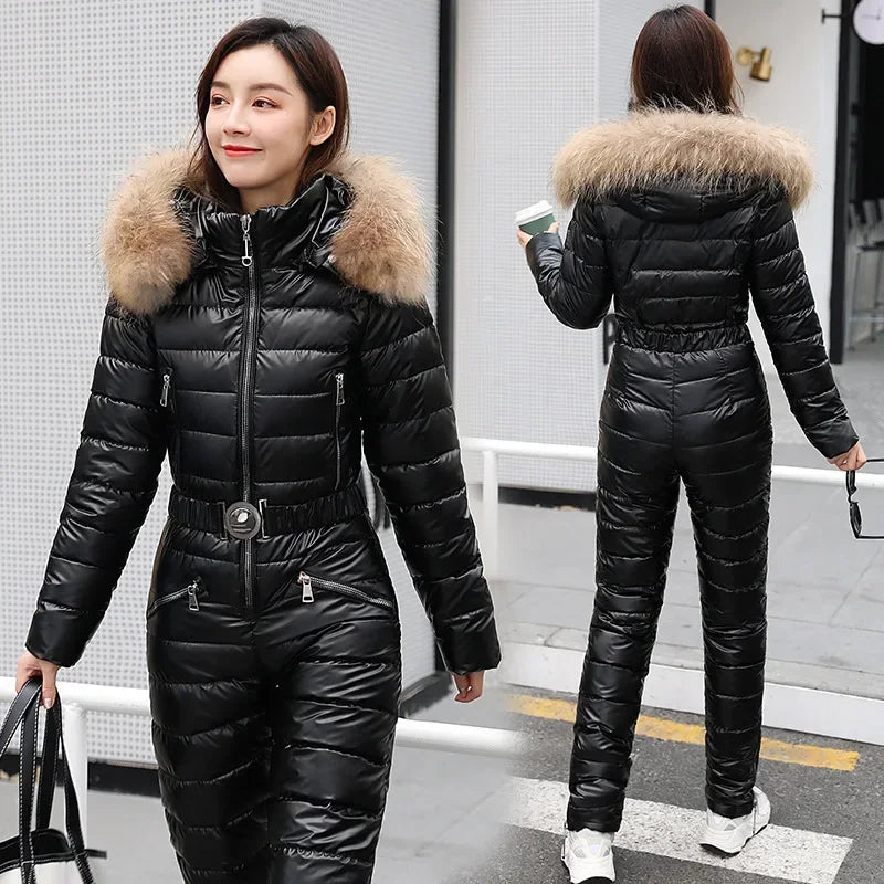 Women's black hooded winter jumpsuit slim fit long sleeve one-piece with front zipper closure