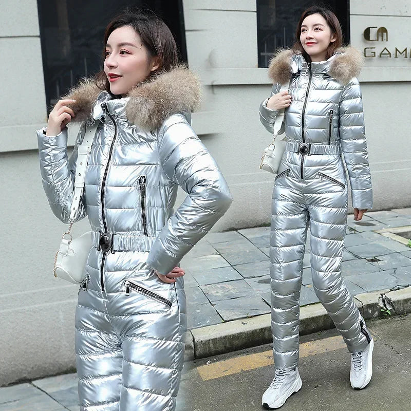 Women's black hooded winter jumpsuit slim fit long sleeve one-piece with front zipper