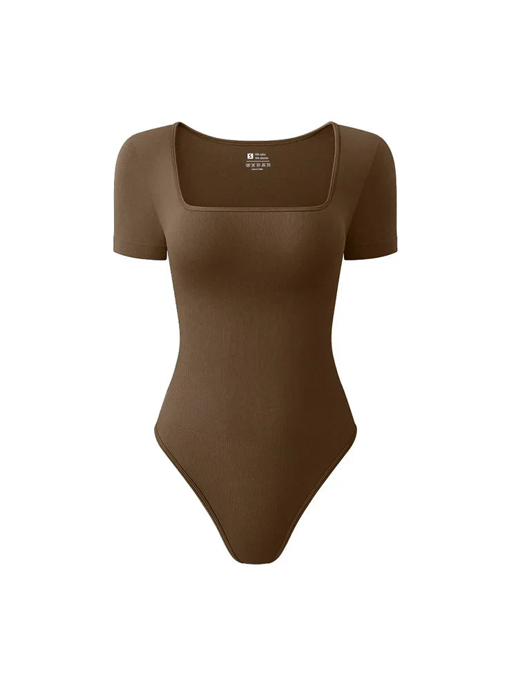 Women's seamless bodysuit short sleeves sculpting fit square neckline smooth silhouette everyday comfort