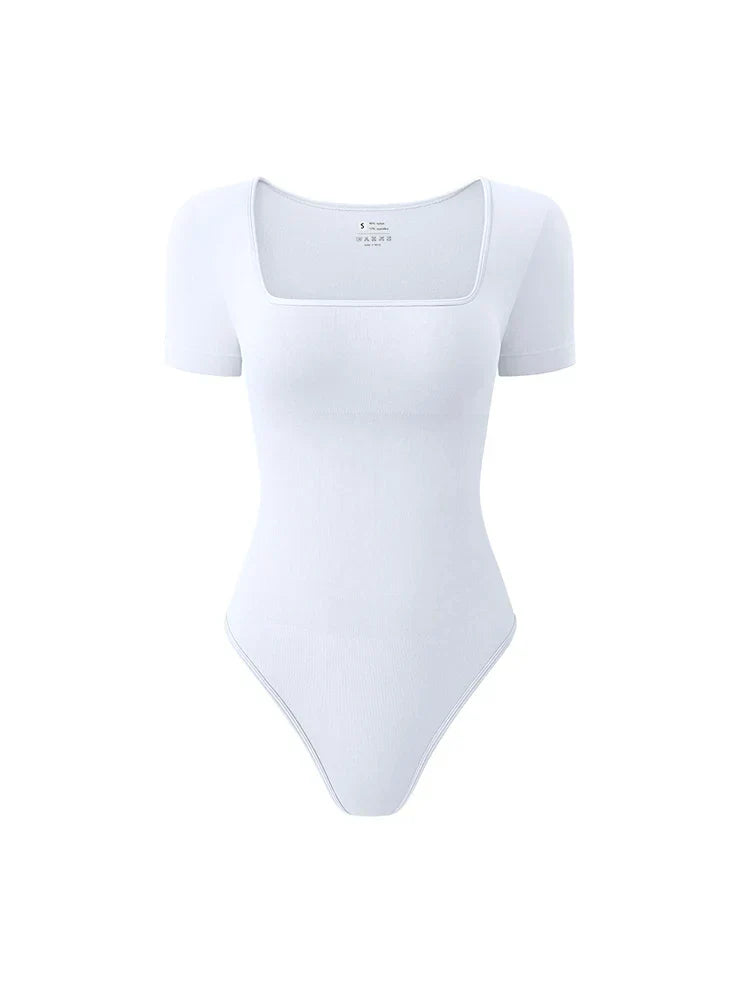 Women's seamless bodysuit short sleeves sculpting fit square neckline smooth silhouette everyday comfort