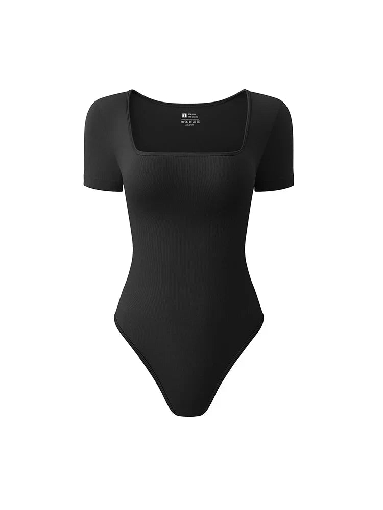 Women's seamless bodysuit short sleeves sculpting fit square neckline smooth silhouette everyday comfort