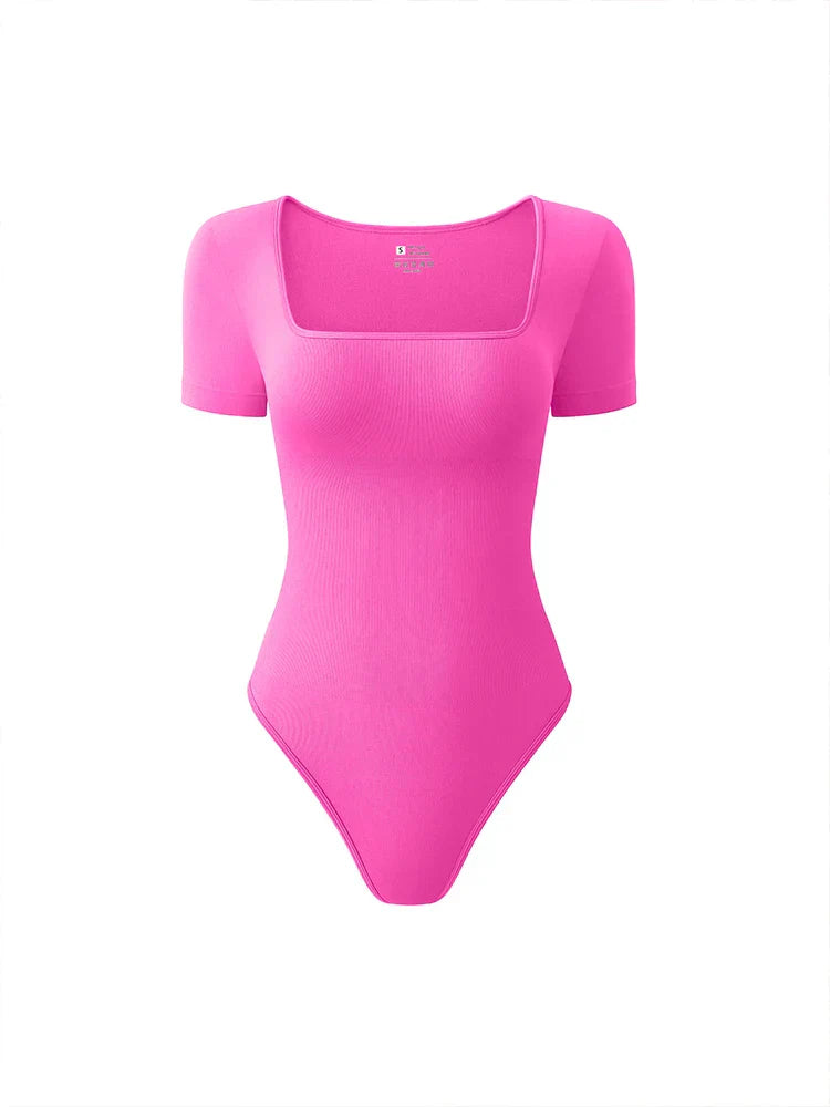 Women's seamless bodysuit short sleeves sculpting fit square neckline smooth silhouette everyday comfort