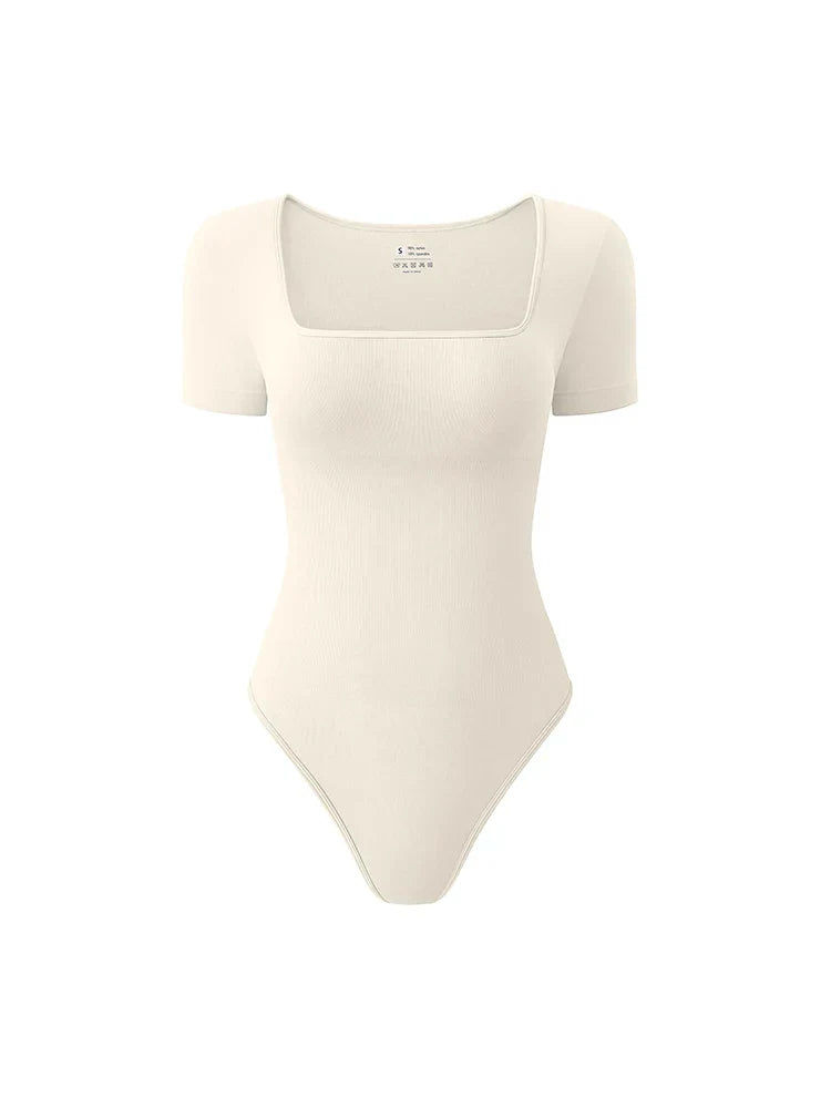 Women's seamless bodysuit short sleeves square neckline sculpting fit skin-tone neutral everyday essential