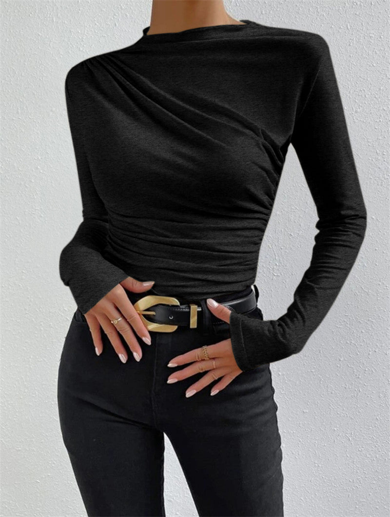Women's long sleeve top with elegant pleats, gathered waist, high-stretch soft fabric, flattering silhouette