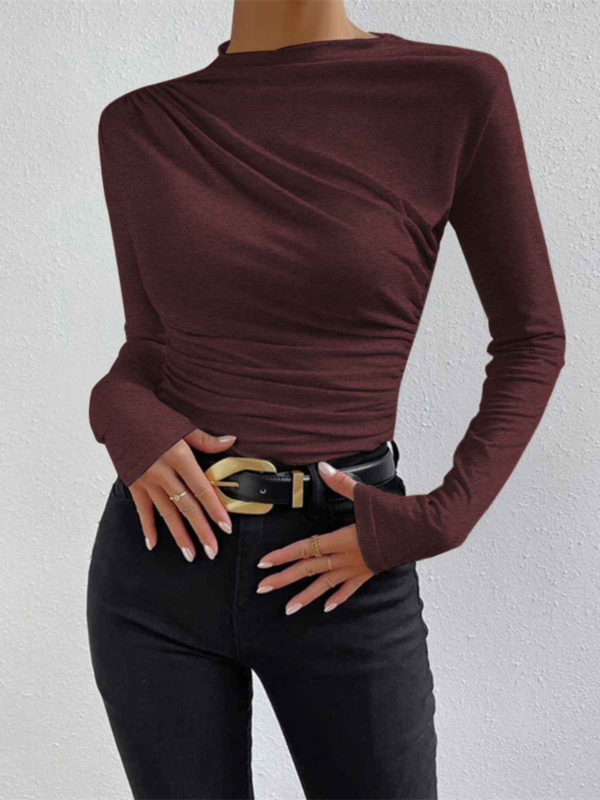 Women's long sleeve pleated top soft stretch fabric gathered waist flattering silhouette elegant style