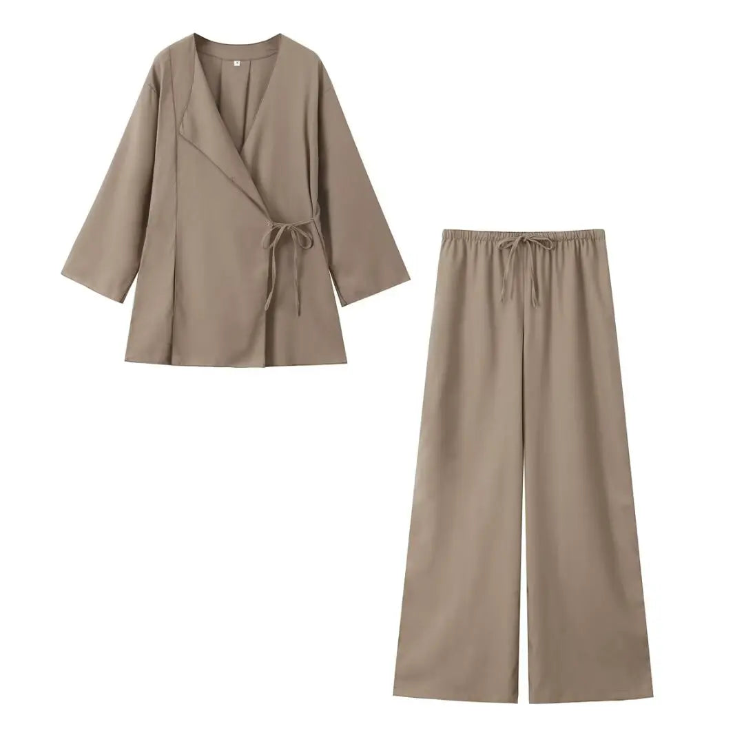 Women's brown linen kimono top and wide leg pants suit set breathable spring 2024