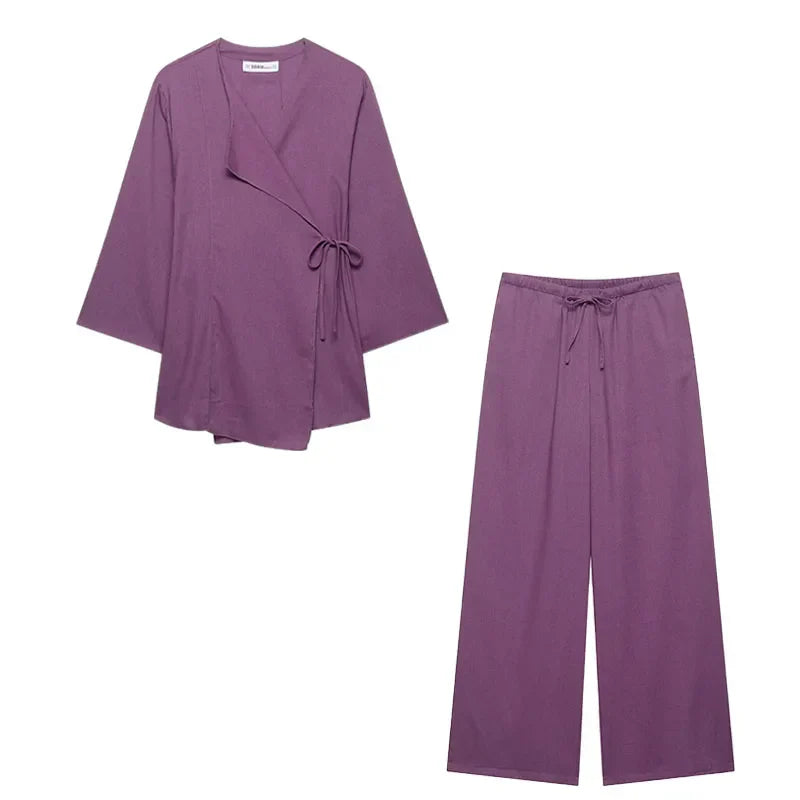 Women's brown linen kimono top and wide leg pants suit set breathable spring 2024