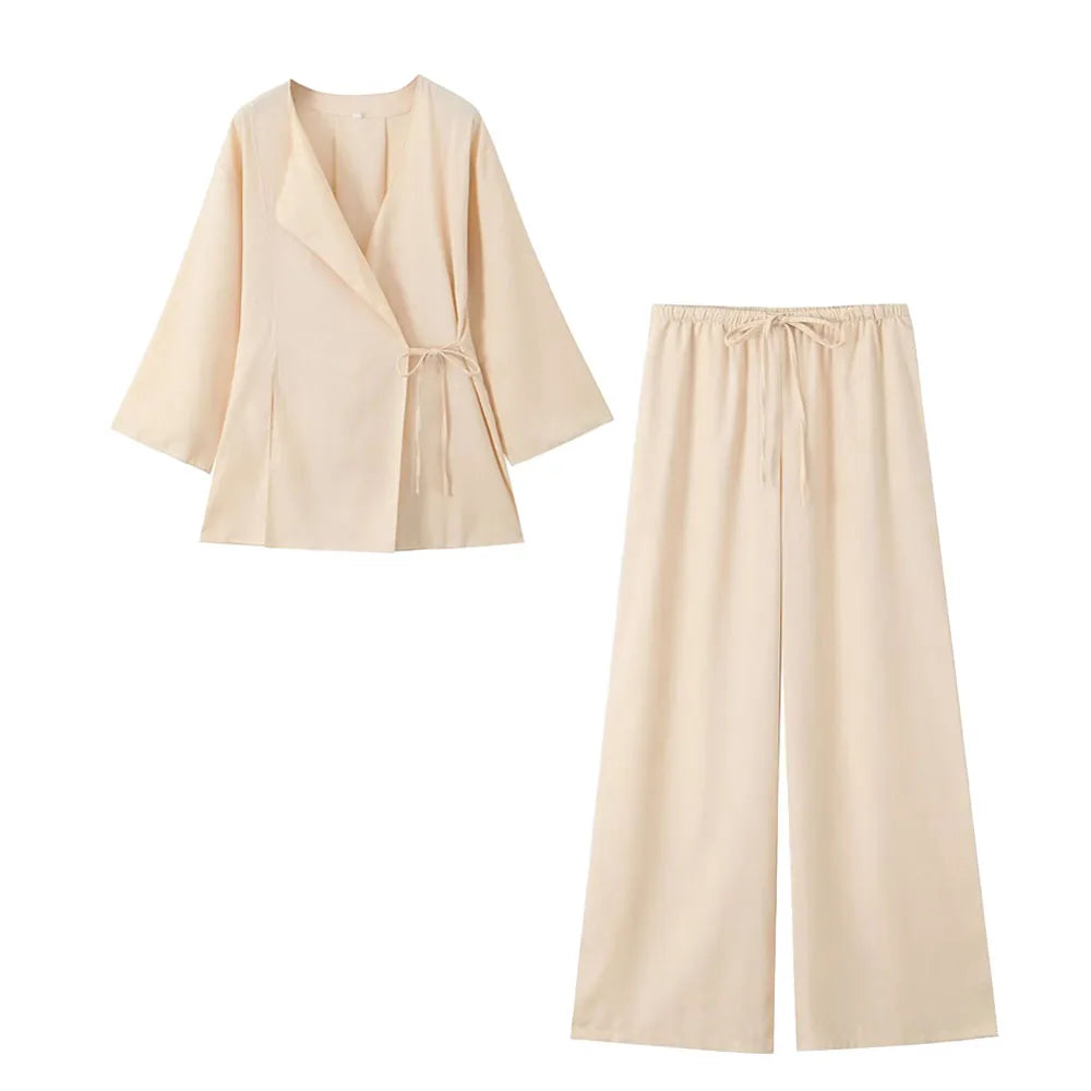 Women's brown linen kimono top and wide leg pants suit set breathable spring 2024