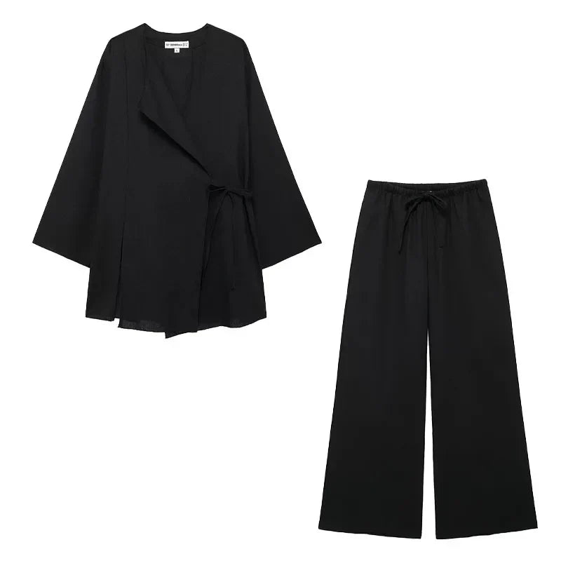 Women's brown linen kimono top and wide leg pants suit set, breathable spring co-ord