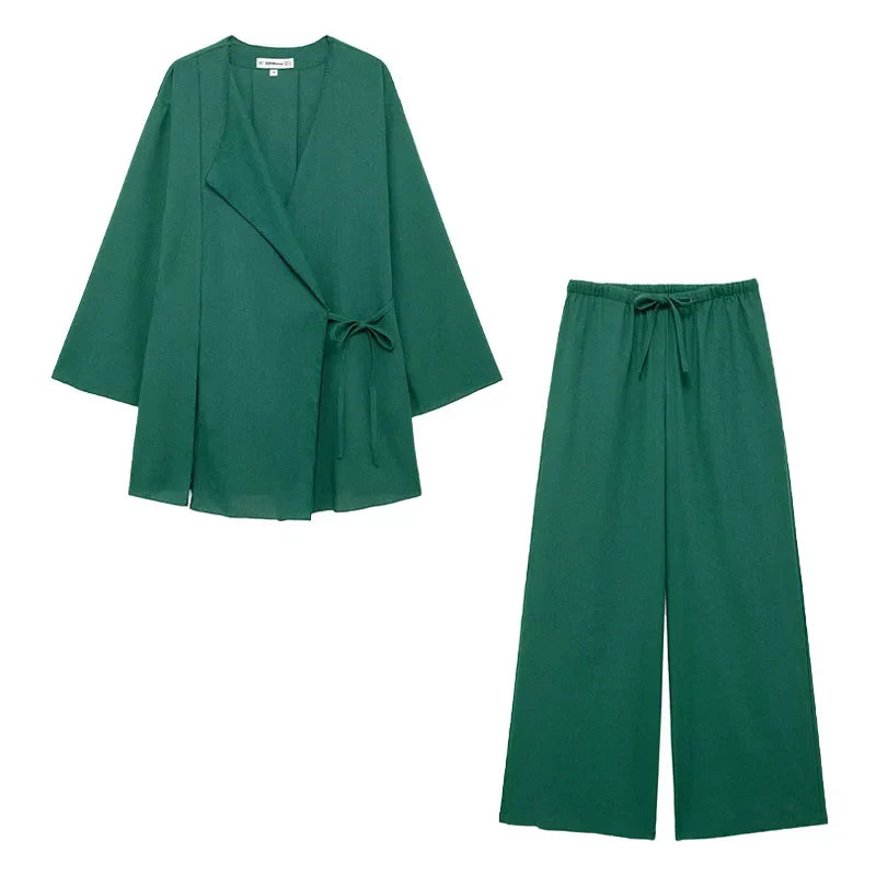 Women's brown linen kimono top and wide leg pants suit set breathable spring 2024
