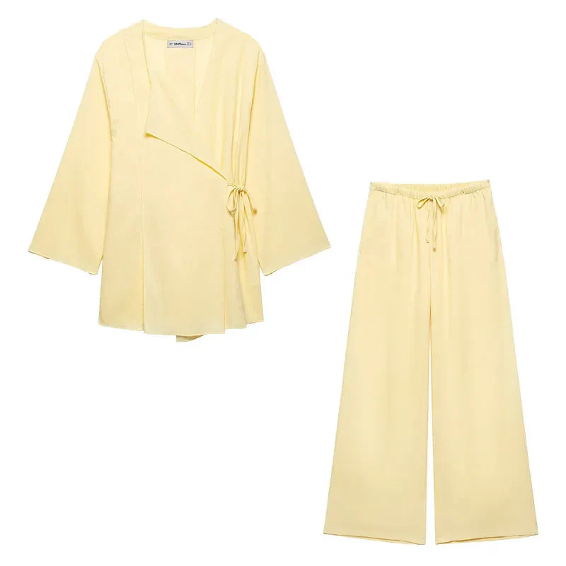 Women's brown linen kimono top and wide leg pants suit set breathable spring 2024