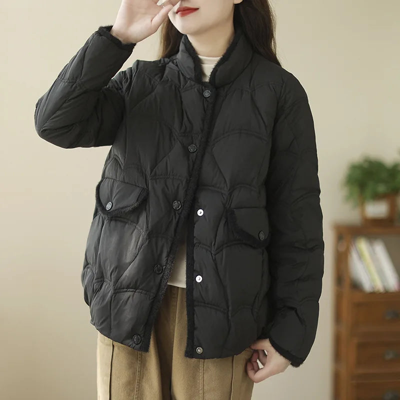 Women's cropped puffer jacket 90% white duck down insulation single-breasted winter coat