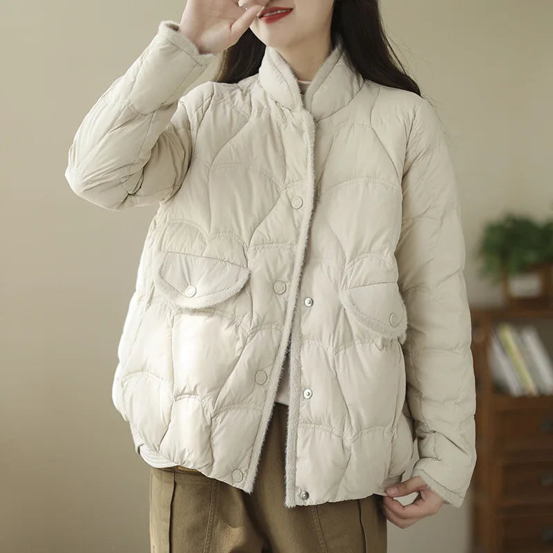 Women's cropped puffer jacket white duck down insulation single-breasted lightweight winter coat