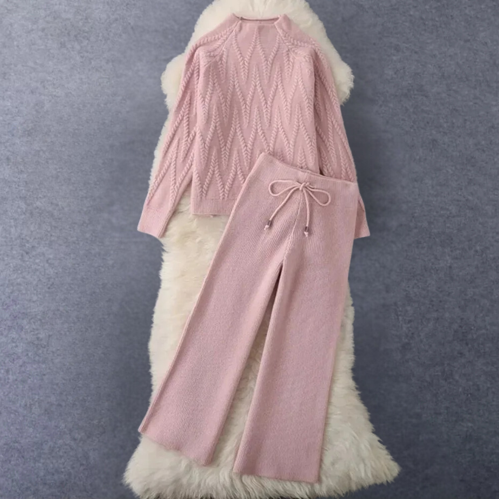 Women's textured knit two-piece sweater and pants set, high-waist loose fit elegant style