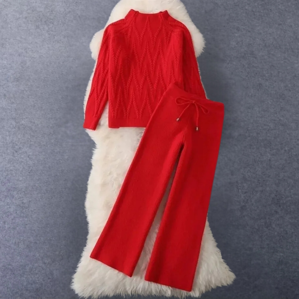 Women's textured knit two-piece sweater and pants set high-waist loose fit elegant comfort