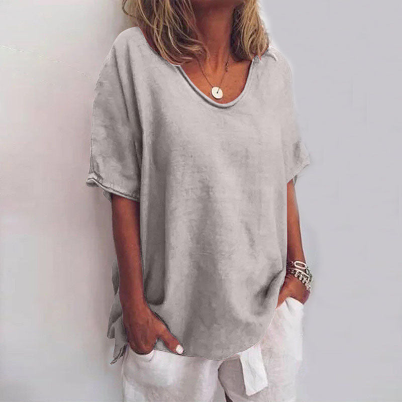 Women's loose fit round neck blouse short sleeves breathable fabric office casual elegance