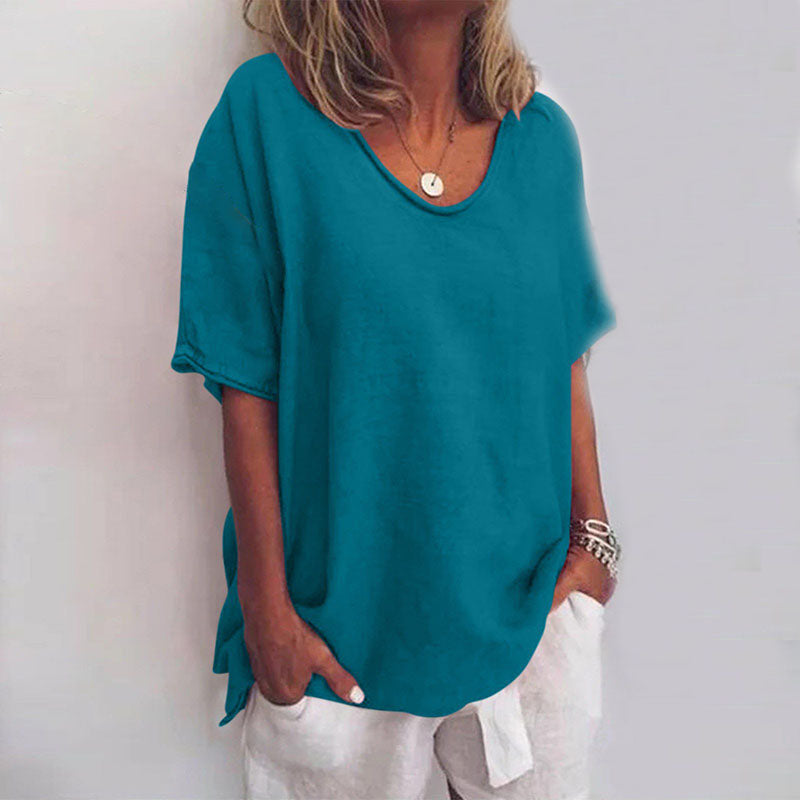 Women's loose fit round neck blouse breathable fabric short sleeves office casual elegant style