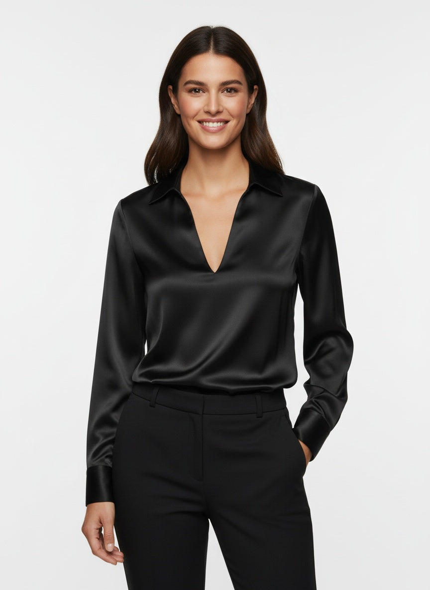 Women's satin blouse soft drape relaxed fit V-neck elegant sheen versatile everyday style