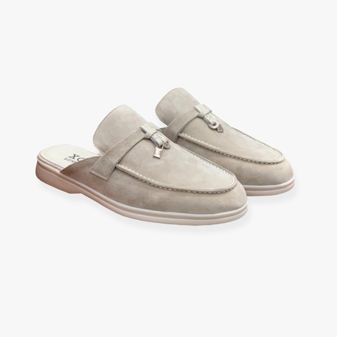 Women's slip-on mules backless summer sandals with front buckle accent in minimalist elegant style